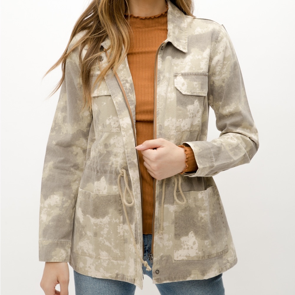 🆕Mystree Camouflage Shacket Distressed Vintage Coloring Drawstring Waist Cotton - Picture 4 of 14